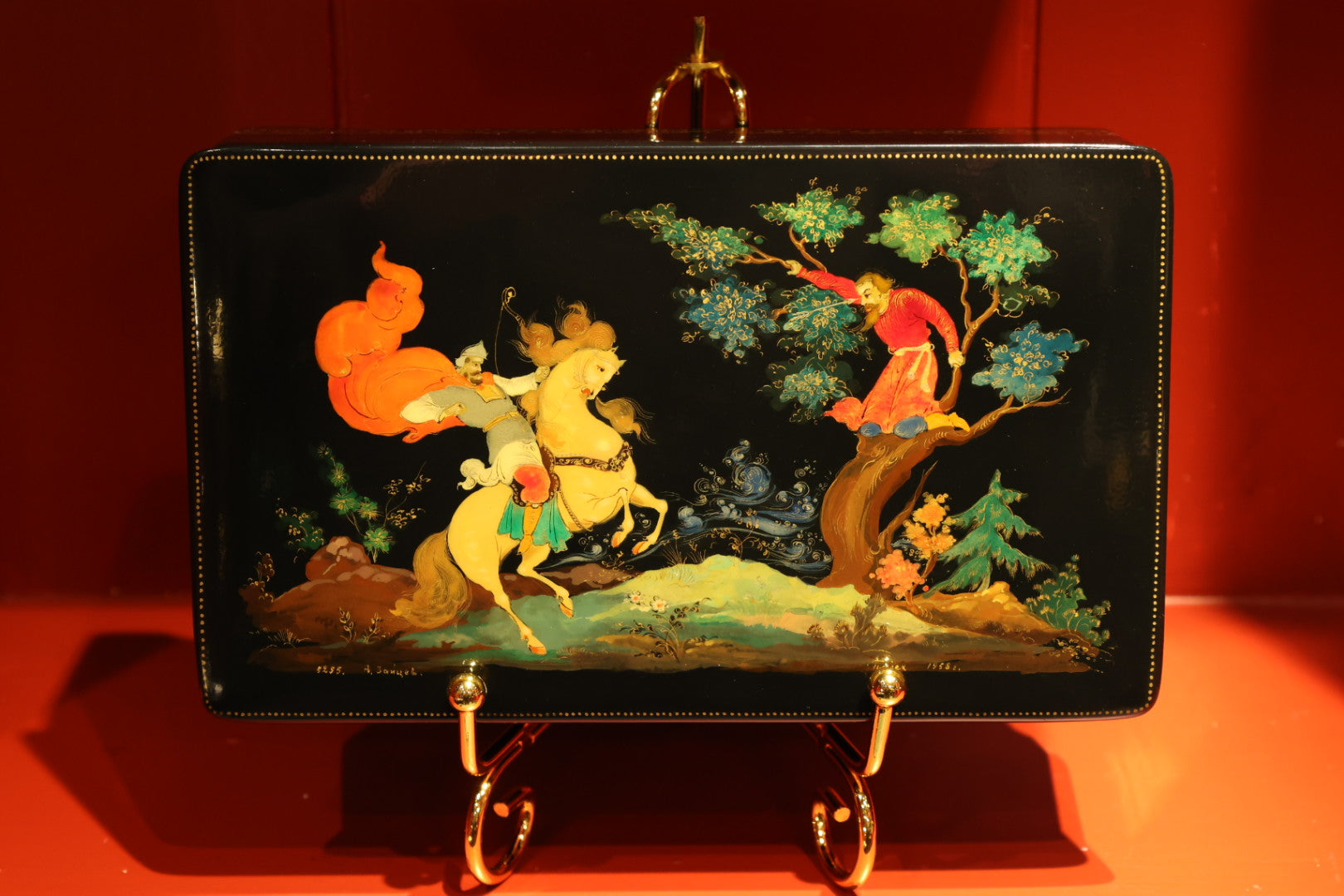 Palekh Scatolina laccata dipinta a mano "Ilya Muromets e Nightingale il Brigante"