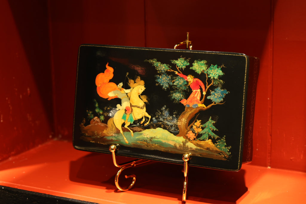 Palekh Scatolina laccata dipinta a mano "Ilya Muromets e Nightingale il Brigante"