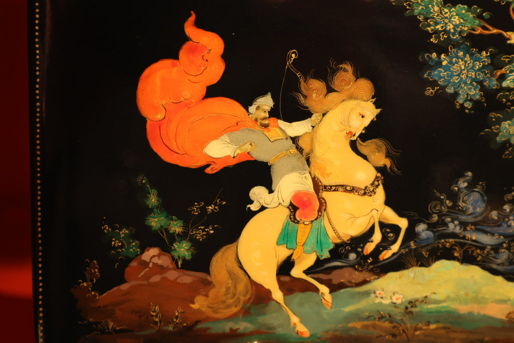 Palekh Scatolina laccata dipinta a mano "Ilya Muromets e Nightingale il Brigante"