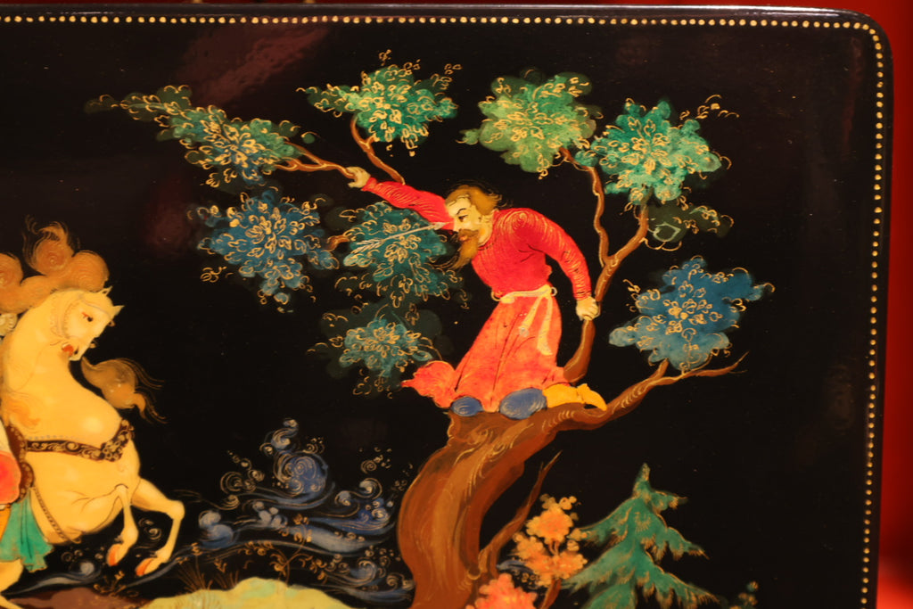 Palekh Scatolina laccata dipinta a mano "Ilya Muromets e Nightingale il Brigante"