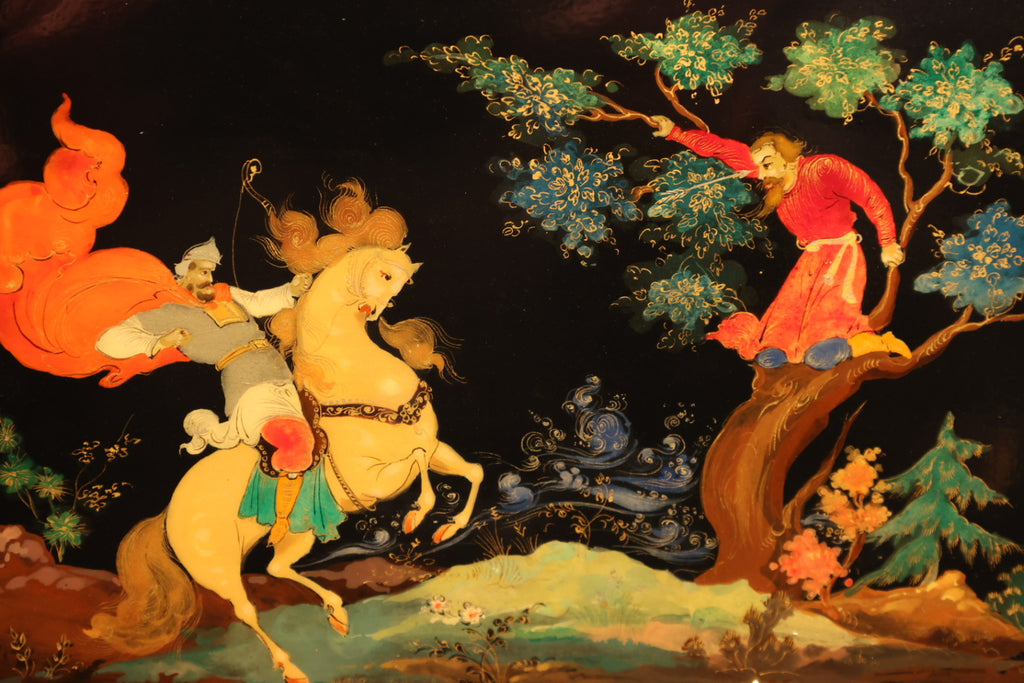 Palekh Scatolina laccata dipinta a mano "Ilya Muromets e Nightingale il Brigante"